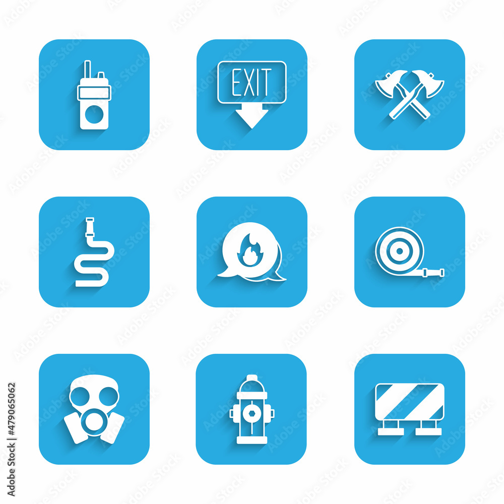 Set Emergency call, Fire hydrant, Road barrier, hose reel, Gas mask, Firefighter axe and Walkie talkie icon. Vector Set Emergency call, Fire hydrant, Road barrier, hose reel, Gas mask, Firefighter axe and Walkie talkie icon. Vector