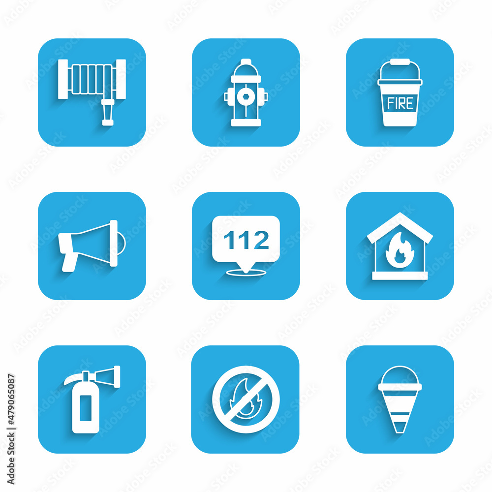 Set Emergency call, No fire, Fire cone bucket, in burning house, extinguisher, Megaphone, and hose reel icon. Vector Set Emergency call, No fire, Fire cone bucket, in burning house, extinguisher, Megaphone, and hose reel icon. Vector