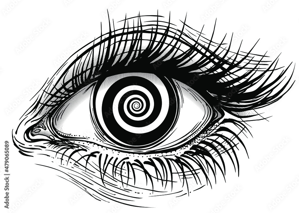 Isolated vector illustration of realistic human eye of a girl with spiral hypnotic iris. - obrazy, fototapety, plakaty 