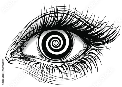 Isolated vector illustration of realistic human eye of a girl with spiral hypnotic iris. photo