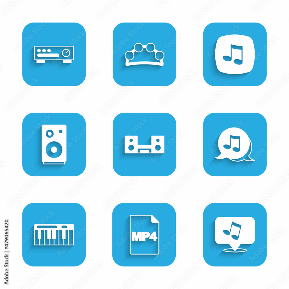 Set Home stereo with two speakers, MP4 file document, Music note, tone, synthesizer, Stereo, and Sound mixer controller icon. Vector Set Home stereo with two speakers, MP4 file document, Music note, tone, synthesizer, Stereo, and Sound mixer controller icon. Vector