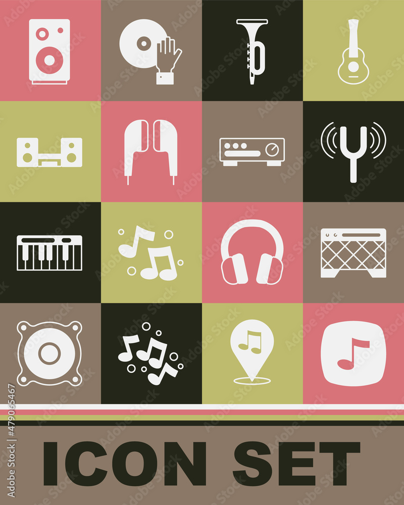 Set Music note, tone, Guitar amplifier, Musical tuning fork, Trumpet, Air headphones, Home stereo with two speakers, Stereo and Sound mixer controller icon. Vector Set Music note, tone, Guitar amplifier, Musical tuning fork, Trumpet, Air headphones, Home stereo with two speakers, Stereo and Sound mixer controller icon. Vector