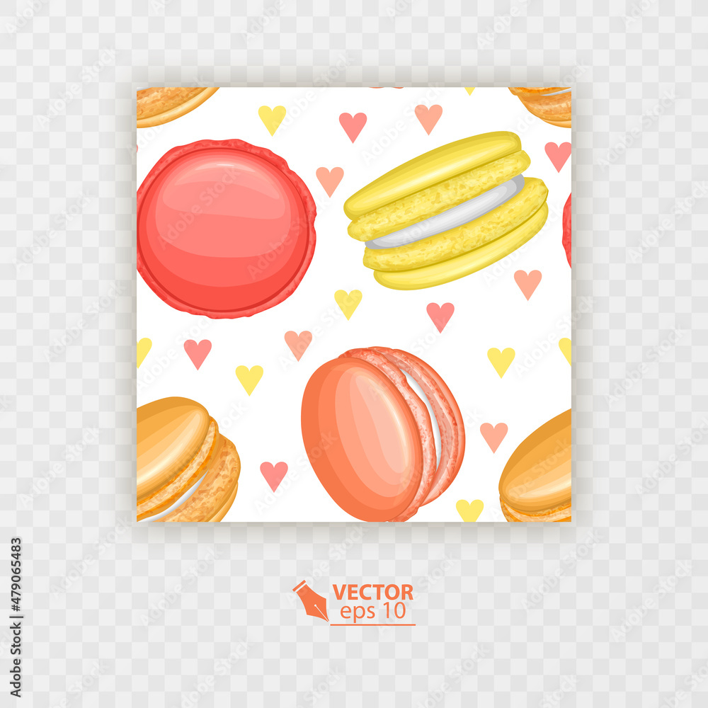 Seamless pattern. Macaroons cookies, and hearts on white Background, Vector format