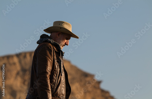 Adult man in cowboy hat in Tabernas Desert, Almeria, Spain © WeeKwong