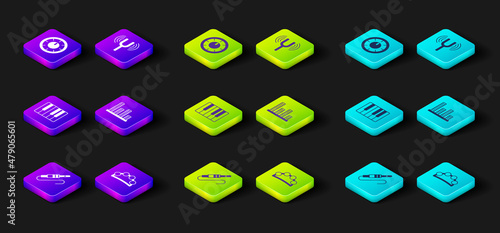 Set Audio jack, Tambourine, Music synthesizer, equalizer, Musical tuning fork and Sound mixer controller icon. Vector