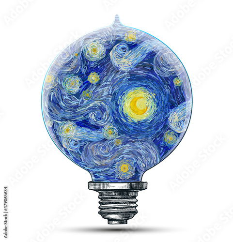 Concept design of a light bulb with inside a starry sky with glowing yellow moon isolated on white background. Vector illustration in the impressionist. style.