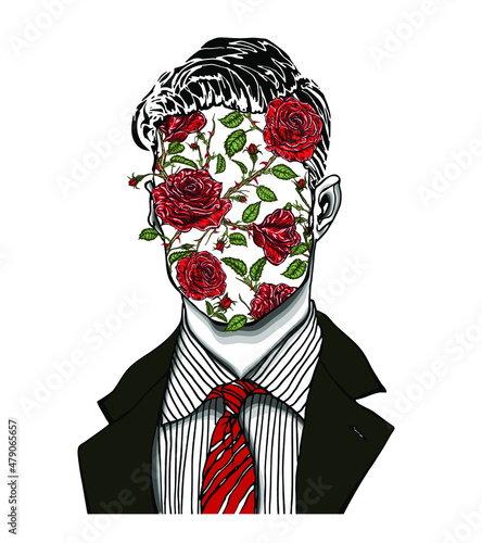 Hand drawn portrait of a strange handsome man with anonymous face with red roses, buds, stems and green leaves. Head in modern surreal tattoo art. Isolated vector illustration.