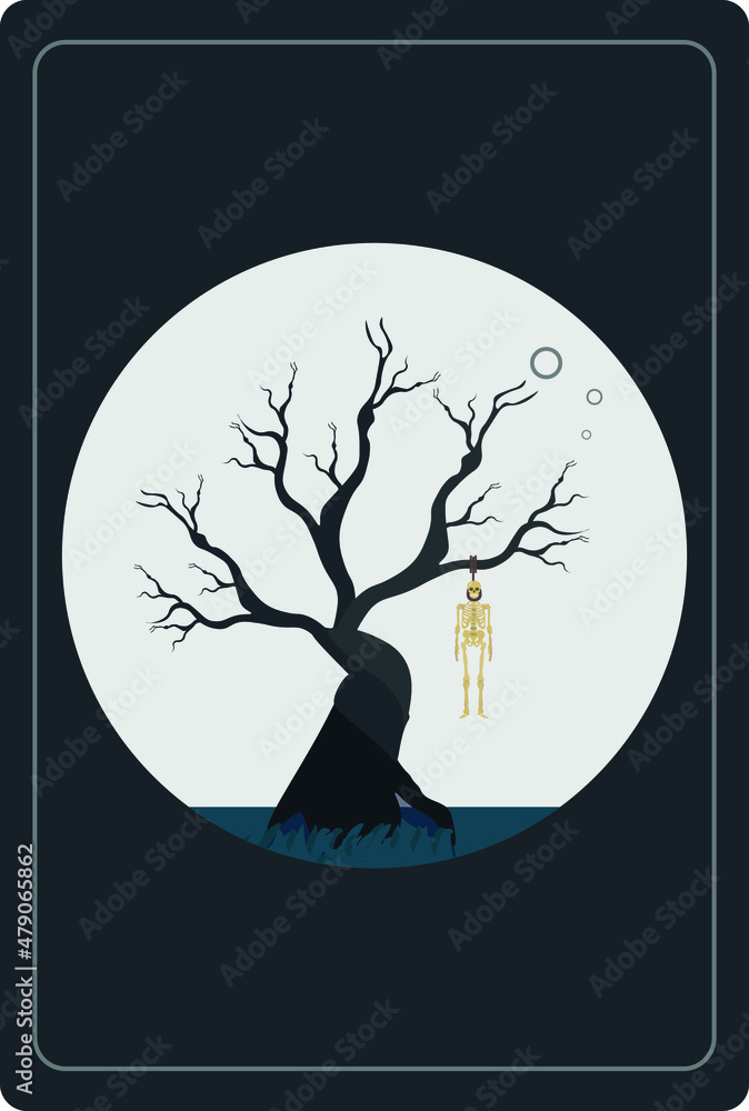 horror poster, of skeleton hanged on tree in moonlight