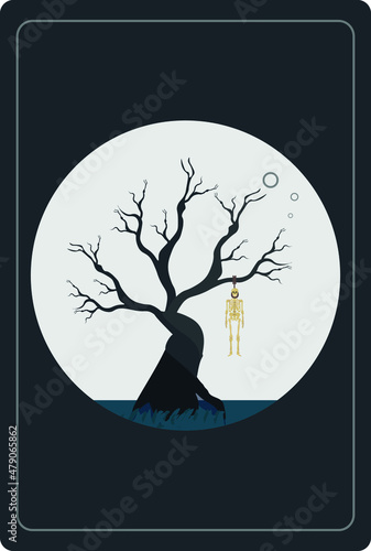 Obraz na płótnie horror poster, of skeleton hanged on tree in moonlight w salonie