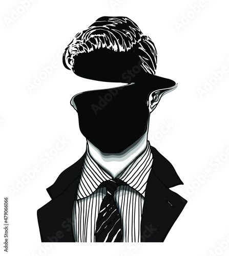 Hand drawn portrait of a strange handsome man with anonymous dark face with liquefied smear spike. Head in modern and surreal tattoo art. Isolated vector illustration.