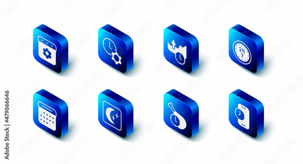 Set Time management, Stocks market growth graphs, Clock 24 hours, Alarm clock app mobile, Food time, Moon and stars, Calendar and spring icon. Vector Set Time management, Stocks market growth graphs, Clock 24 hours, Alarm clock app mobile, Food time, Moon and stars, Calendar and spring icon. Vector