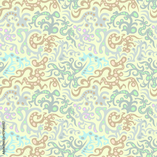 Vector seamless pattern. An ornament of stylized fantastic creatures. Design print for textile, fabric, wallpaper, background.