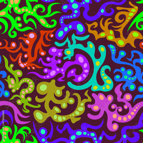 Vector seamless pattern. An ornament of stylized fantastic creatures. Design print for textile, fabric, wallpaper, background.