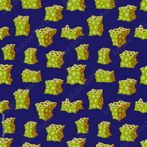 Ornament of cheese cubes. Vector seamless pattern. Sponge. Design print for textile, fabric, wallpaper, background.