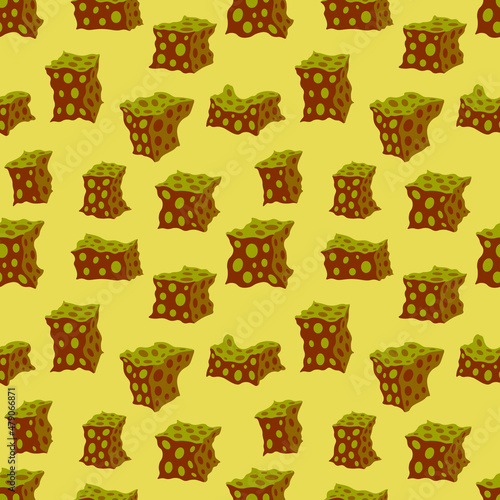 Ornament of cheese cubes. Vector seamless pattern. Sponge. Design print for textile, fabric, wallpaper, background.