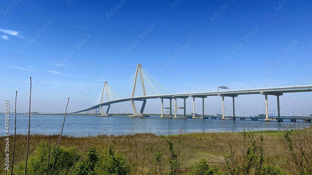 Arthur ravenel jr. bridge over water Cooper River in South Carolina, US, connecting downtown Charleston to Mount Pleasant. Arthur ravenel jr. bridge over water Cooper River in South Carolina, US, connecting downtown Charleston to Mount Pleasant.