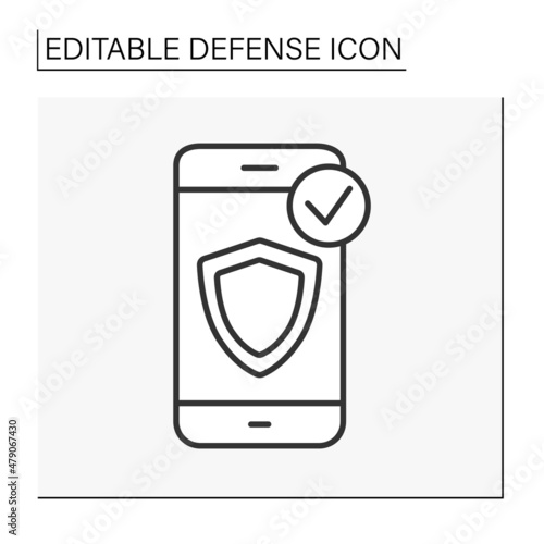  Shield line icon. Smartphone data secure. Antivirus. Protected data. Defense concept. Isolated vector illustration. Editable stroke