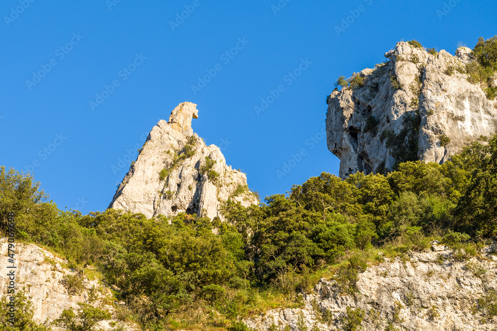 The rocks above the Pont dArc in the Gorges de lArdeche in Europe, France, Ardeche, in summer, on a sunny day. The rocks above the Pont dArc in the Gorges de lArdeche in Europe, France, Ardeche, in summer, on a sunny day.