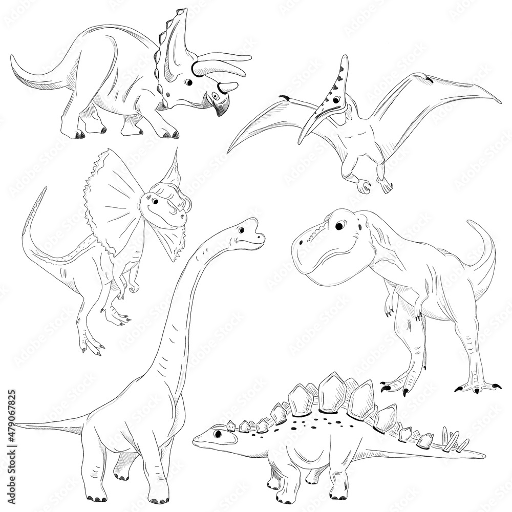 Graphic black and white dinosaurs sketch outline set. Hand-drawn dinosaurus isolated on white background, animals Graphic black and white dinosaurs sketch outline set. Hand-drawn dinosaurus isolated on white background, animals