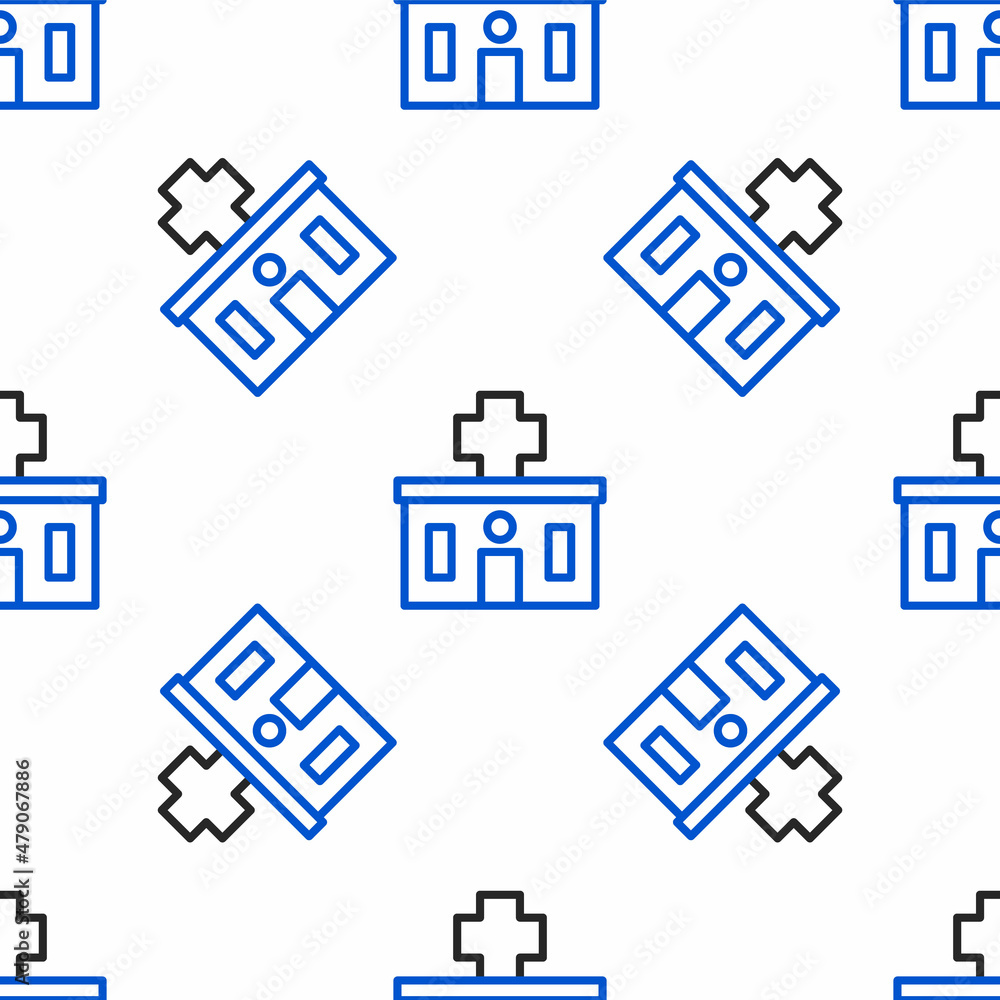Line Medical hospital building with cross icon isolated seamless pattern on white background. Medical center. Health care. Colorful outline concept. Vector Line Medical hospital building with cross icon isolated seamless pattern on white background. Medical center. Health care. Colorful outline concept. Vector