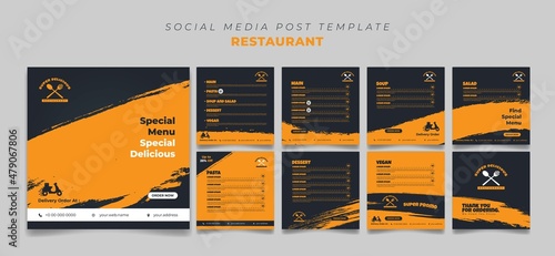 Elegance Black and Yellow social media template with foods menu in square design. Square Restaurant template design in black and yellow colors.