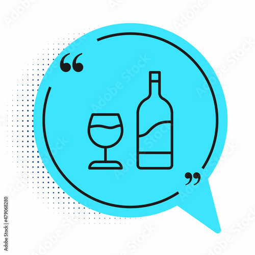 Black line Wine bottle with glass icon isolated on white background. Blue speech bubble symbol. Vector