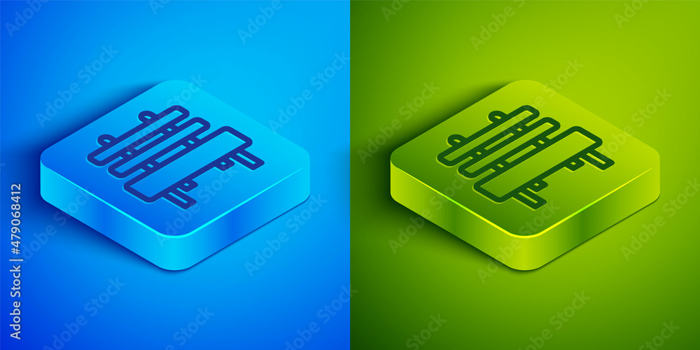 Isometric line Bench icon isolated on blue and green background. Square button. Vector Isometric line Bench icon isolated on blue and green background. Square button. Vector