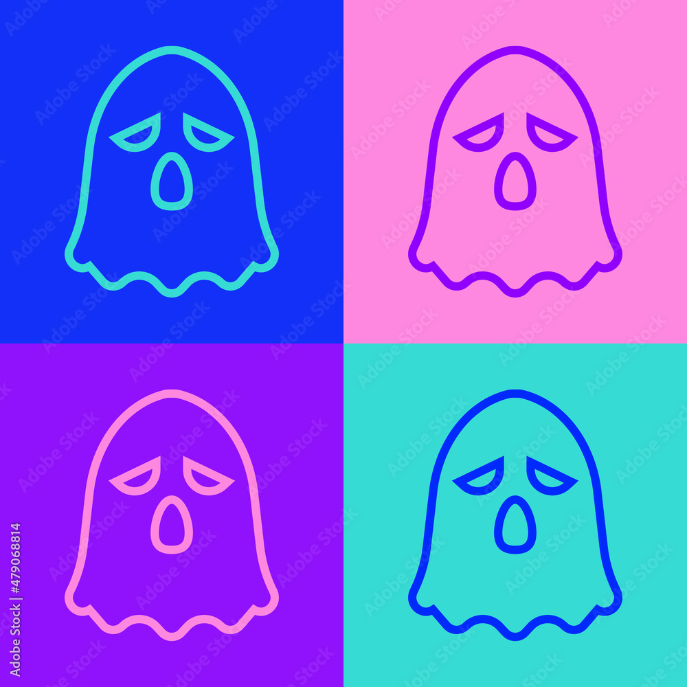 Obraz premium Pop art line Ghost icon isolated on color background. Happy Halloween party. Vector