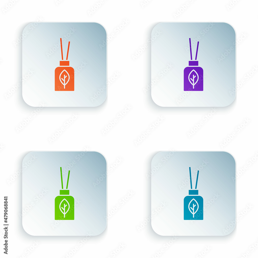Color Aroma diffuser icon isolated on white background. Glass jar different with wooden aroma sticks. Set colorful icons in square buttons. Vector Color Aroma diffuser icon isolated on white background. Glass jar different with wooden aroma sticks. Set colorful icons in square buttons. Vector
