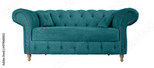 Fotografía Teal suede sofa on wooden legs isolated