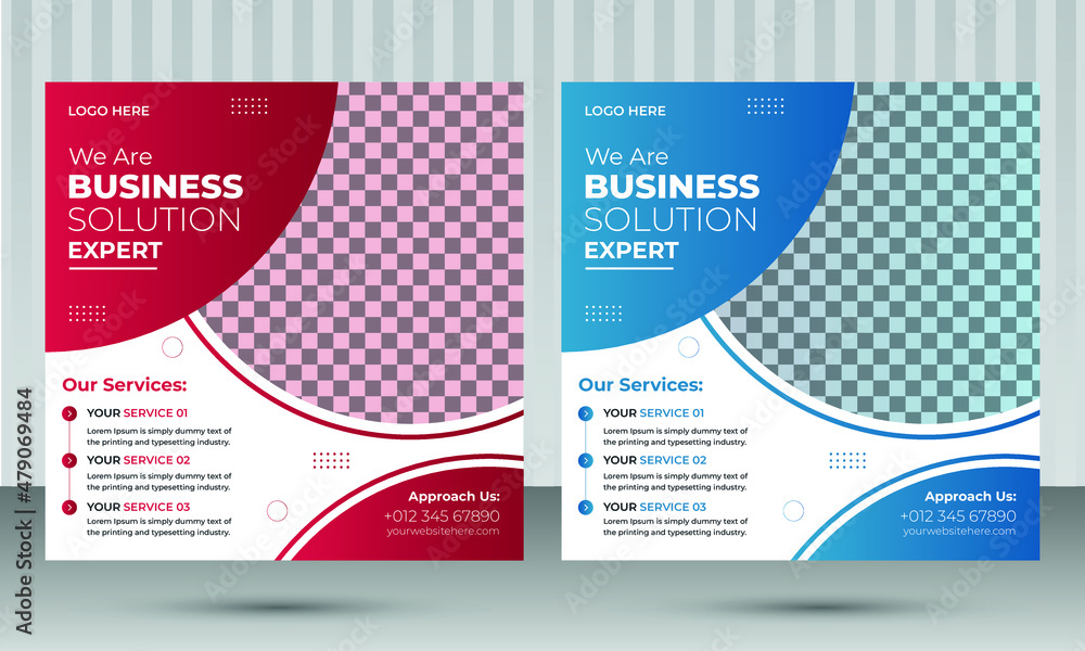 Modern Corporate Social Media Post Design Template with two different eye catching mixed gradient color blue and red with white Background for Marketing Business Agency