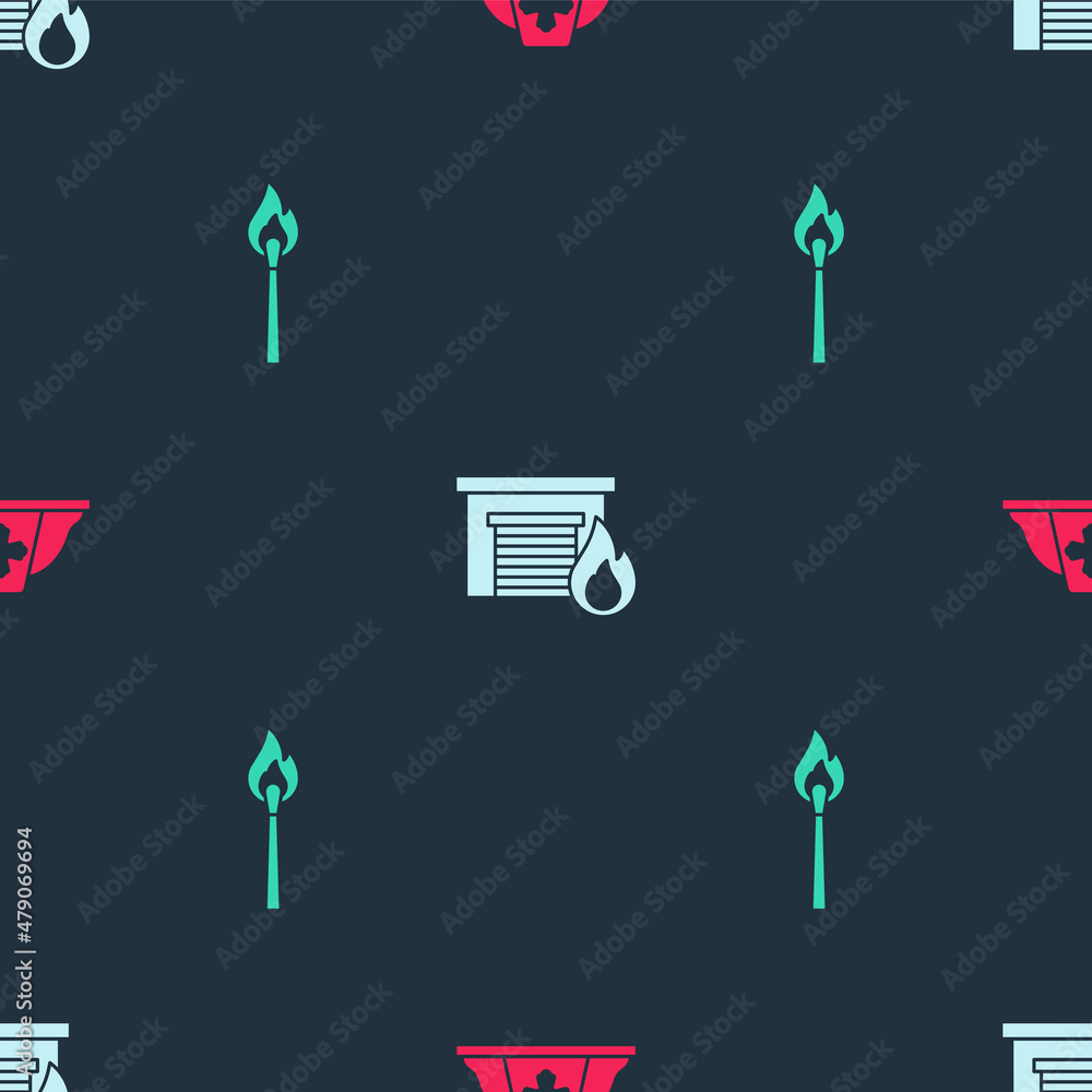 Set Firefighter helmet, in burning garage and Burning match with fire on seamless pattern. Vector Set Firefighter helmet, in burning garage and Burning match with fire on seamless pattern. Vector