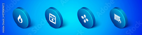 Set Isometric Fire flame, Firefighter, in burning garage and alarm system icon. Vector