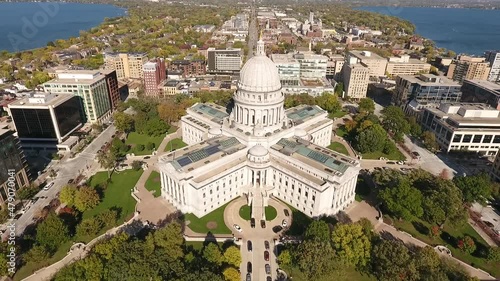 Dowtown Madison Wisconsin - State Capitol Building - Summer (Drone - Pull Back & Tilt Up) photo
