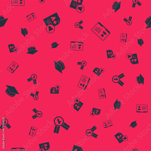 Set Medal, Exam sheet with A plus grade, Graduation cap and Online class on seamless pattern. Vector