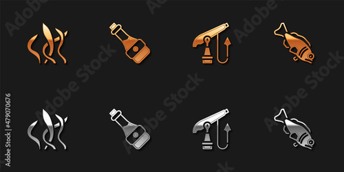 Set Seaweed, Soy sauce bottle, Fishing harpoon and icon. Vector