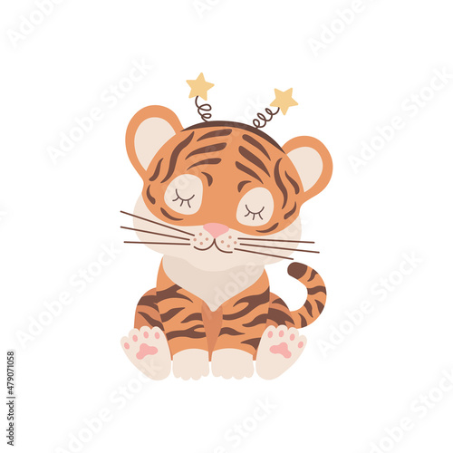 Scandinavian cute little baby tiger, symbol of 2022 new year. Hand drawn vector element for nursery decoration, birthday, children's party, poster, invitation, postcard, kids clothes, christmas decor