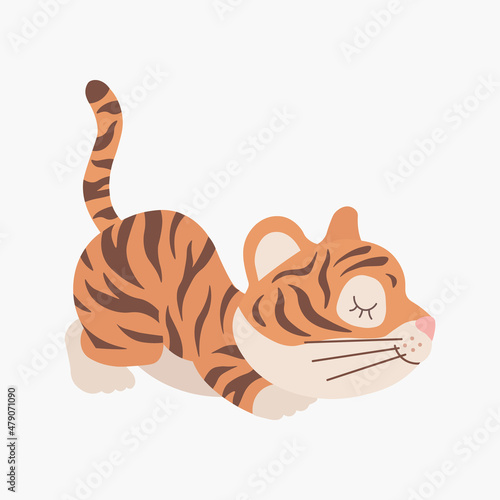 Scandinavian cute little baby tiger, symbol of 2022 new year. Hand drawn vector element for nursery decoration, birthday, children's party, poster, invitation, postcard, kids clothes, christmas decor