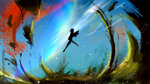 the silhouette of a girl jumping in the sky against the background of an inverted rainbow. rocks and particles of earth and grass are flying against the background.white petals float in the air.2d art