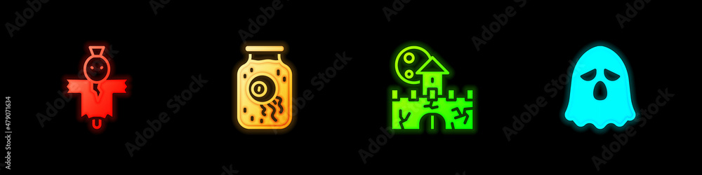 Set Scarecrow, Eye in jar, Castle, fortress and Ghost icon. Vector Set Scarecrow, Eye in jar, Castle, fortress and Ghost icon. Vector