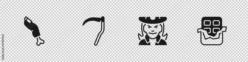 Set Zombie finger, Scythe, Witch and Chocolate bar icon. Vector Set Zombie finger, Scythe, Witch and Chocolate bar icon. Vector