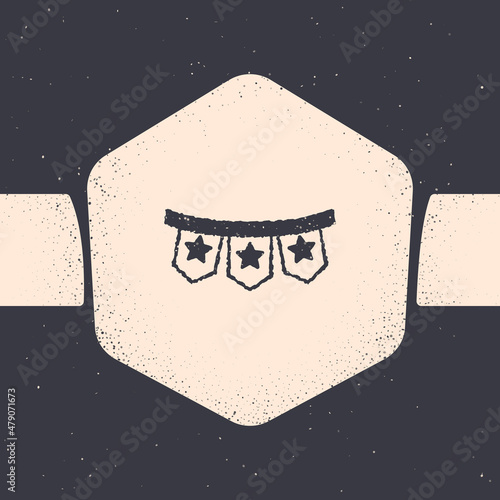 Grunge Carnival garland with flags icon isolated on grey background. Party pennants for birthday celebration, festival decoration. Monochrome vintage drawing. Vector