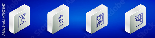 Set Isometric line Street signboard coffee, French press, Newspaper and and Chocolate bar icon. Vector