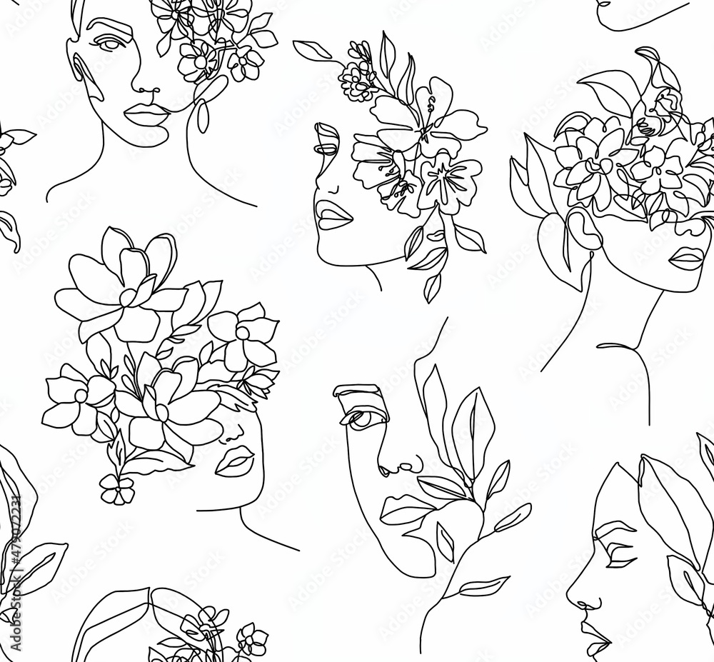 custom made wallpaper toronto digitalAbstract drawing of women's faces with flowers instead of hair with black lines on a white background.Seamless pattern.