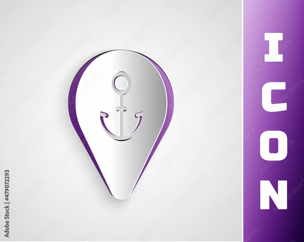 Paper cut Map pointer with anchor icon isolated on grey background. Paper art style. Vector Paper cut Map pointer with anchor icon isolated on grey background. Paper art style. Vector