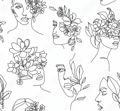Wallpaper Mural Abstract drawing of women's faces with flowers instead of hair with black lines on a white background.Seamless pattern. Torontodigital.ca