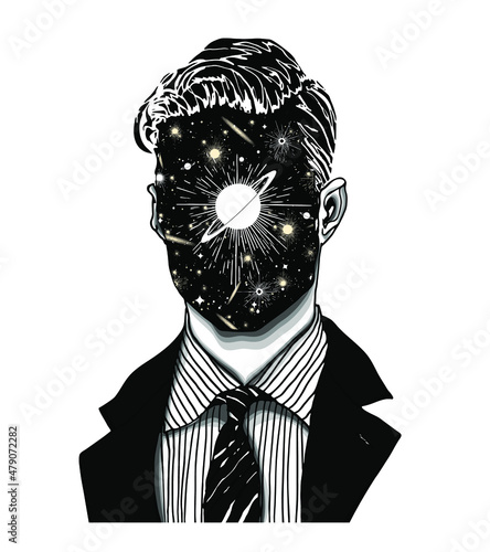 Hand drawn portrait of a strange handsome man with universe and galaxies face. Isolated vector concept head illustration in modern and surreal tattoo art.