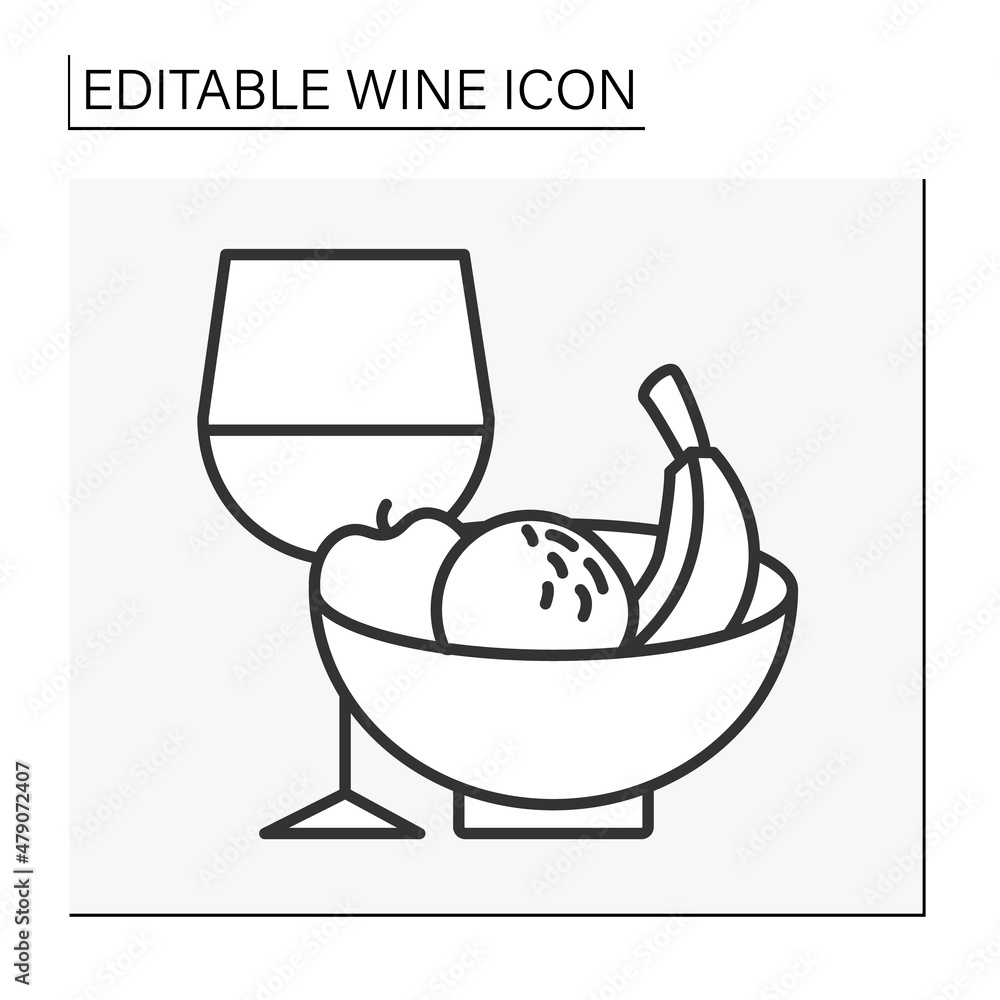 Taste compatibility line icon. Combine fruits and red wine. Apple, orange and bananas snack to increase and improve taste.Wine concept. Isolated vector illustration. Editable stroke Taste compatibility line icon. Combine fruits and red wine. Apple, orange and bananas snack to increase and improve taste.Wine concept. Isolated vector illustration. Editable stroke