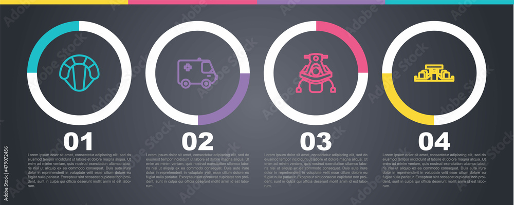 Set line Parachute, Ambulance and emergency car, Snowmobile and Formula 1 racing. Business infographic template. Vector