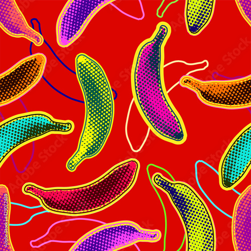 Seamless vector pop art pattern of colorful psychedelic dot halftone bananas and line banana silhouettes randomly scattered on deep red background.